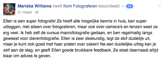 Recensie voor KOM FOTOGRAFEREN via Facebook